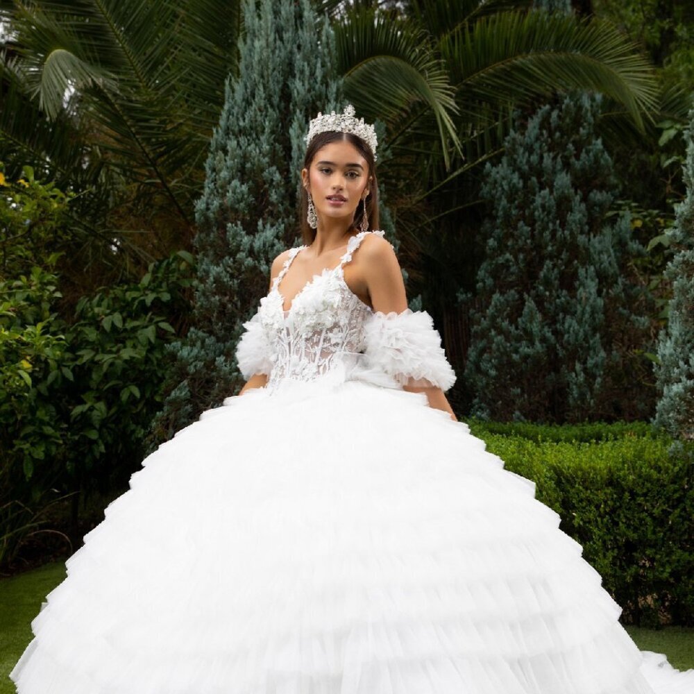 New Evening Ruffle Maxi Ball Gown w/ V-Neck & Removable Ruffle Sleeves GL3610